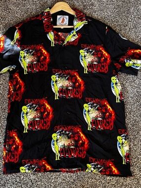 NEW Whatever Forever Black Short Sleeve Alien Flame Button-Down Shirt